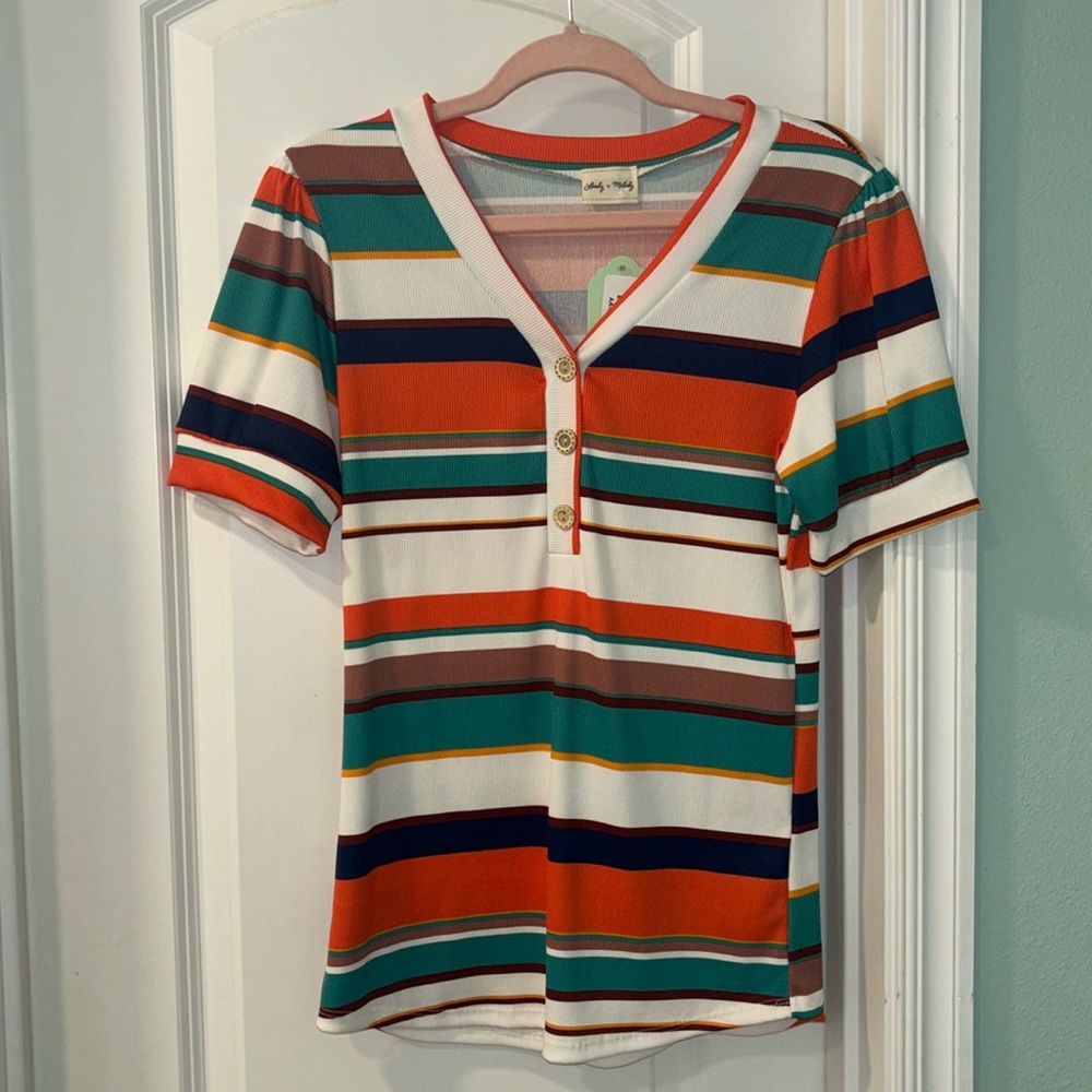 Lovely Melody Striped Short Sleeve V Neck Top